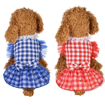 

Pet Dog Starlight Plaids Gauze Dress Spring Summer Clothes Bowknot Decoration Dresses For Small Medium Dog Chihuahua Yorkies