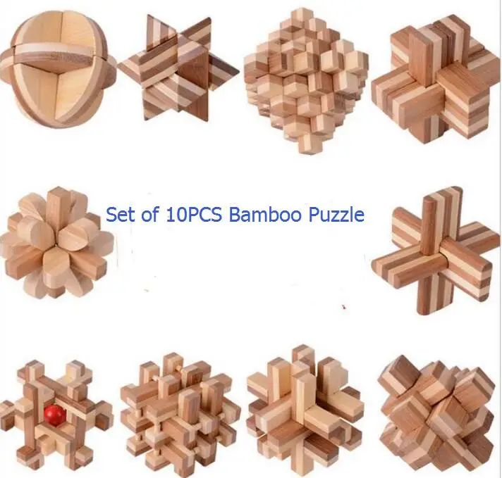 

10PCS/Set Bamboo Burr Puzzle Traditional Educational Brain Teaser Interlocking Puzzles Game Toys for Adults Children