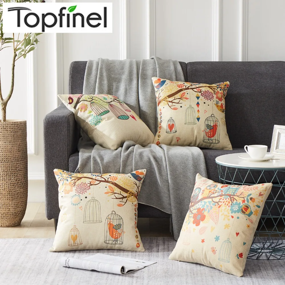 Topfine Cute Bird Cage Decorative Throw Pillowcases Linen Cotton