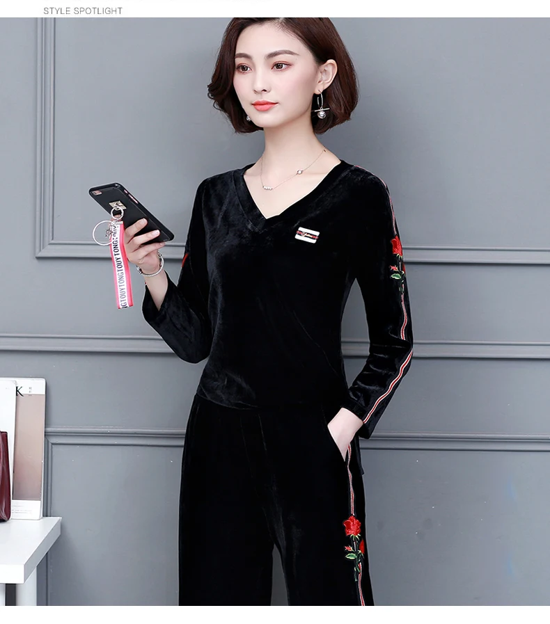 

Plus Size 5XL Embroidery Floral Long Sleeve Sexy V-Neck Velvet Tops+Elastic High Waist Wide Leg Pants Women Big Size Sports Sets