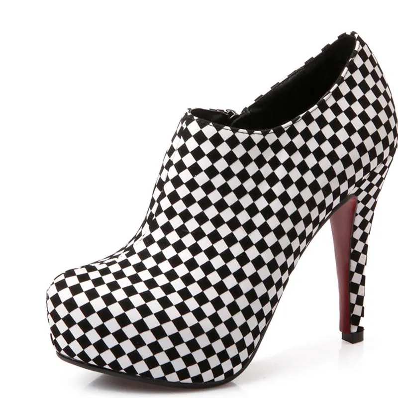 

Sale Plaid Spring/Autumn Boots For Women Round Toe Thin Heels High Boots Zip Embossed Leather Ankle Boots Shoes Women