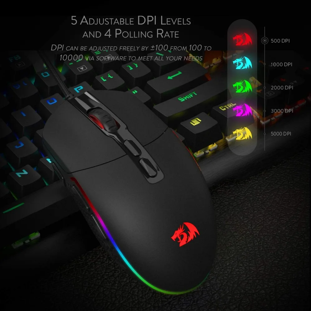 Проводная игровая мышь Redragon M719 INVADER, оптическая офисная мышь с RGB подсветкой 10000 dpi, 7 программируемых кнопок, компьютер для ПК Dota