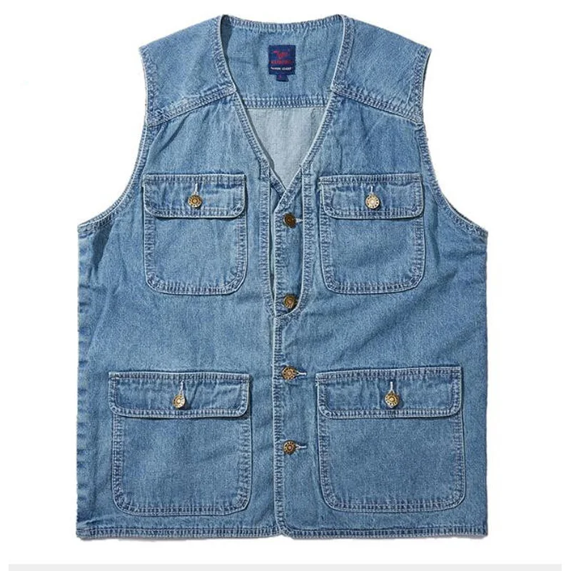 

Denim Vest Men Cotton Sleeveless Jackets Blue Casual Fishing Vest with Many Pockets Plus Size 4XL Outdoors Waistcoat