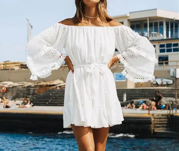 

Summer Sexy Lace Crochet Beach Dress Women White See Through Swimwear Swimsuit Cover Up Mini Dress