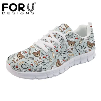 

FORUDESIGNS Cartoon Nurse Bear Cows Print Casual Flats Shoes Women's Comfortable Breathable Sneakers Leisure Light Weight Shoes