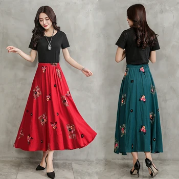 

Fashion Brand Women Top quality embroidery Linen Cotton Long Skirt Elastic Waist A-line Pleated Maxi Beach Vintage Summer Skirts