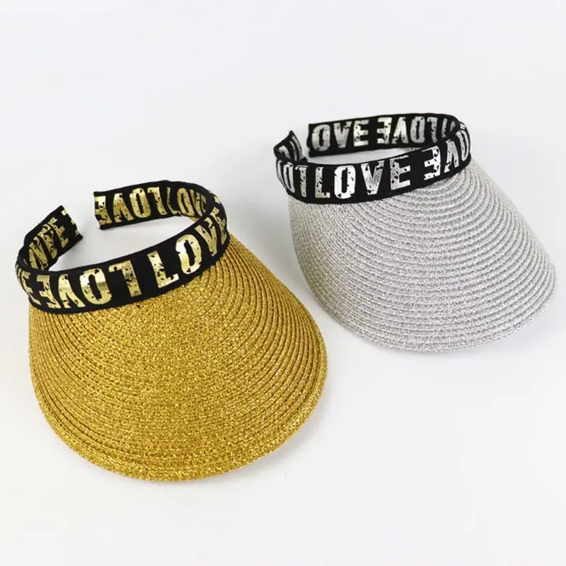 

Korean Style Women Empty Top Weave Straw Sun Hat Metallic Glitter Gold Sliver Love Alphabet Clip-On Wide Brim Anti-UV Beach Cap