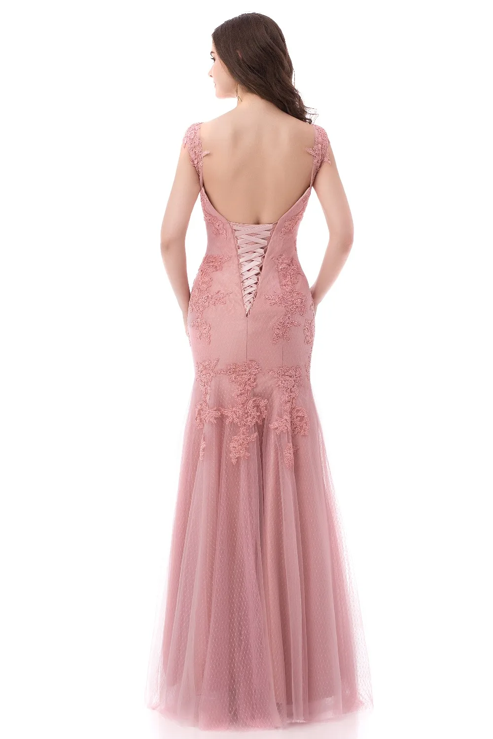 Mermaid Pink Lace Evening Dresses Long 2019 Sexy Backless Floor Length Tulle Abendkleider Robe De Soiree Kaftan