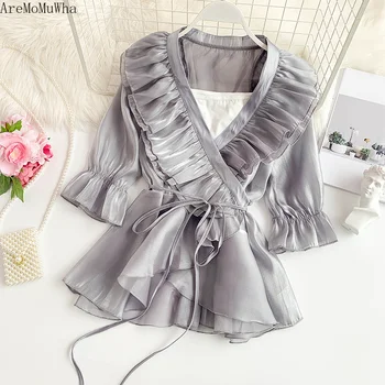 

AreMoMuWha Tide Brand Sexy Double-leaf Ruffled V-neck Trumpet Sleeves Waist Belt Yangqi Net Red Princess Bright Silk Shirt QX817