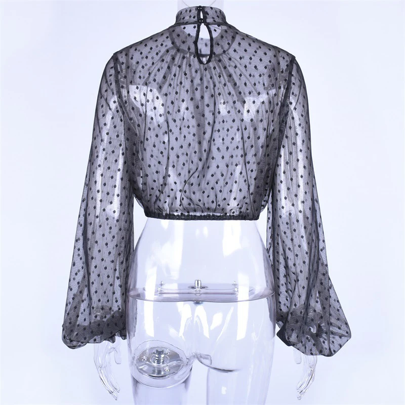 Forefair Lace Polka Dot Women Blouse Black (4)