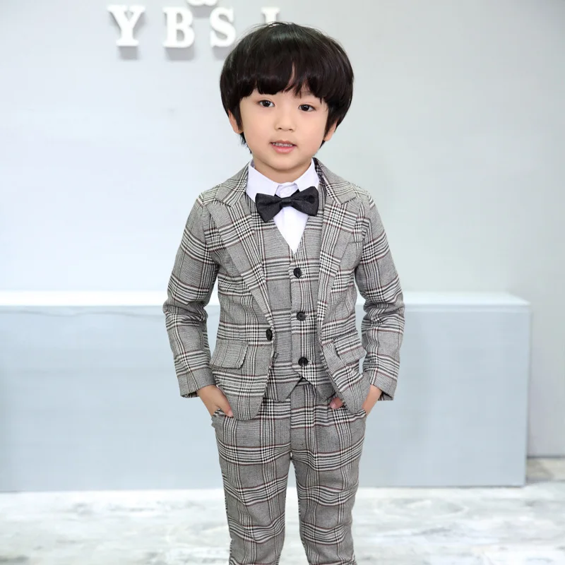 

3pcs(Jacket+Vest+Pants) New 2018 Kids Plaid School Suit for Boys England Style Boy Formal Wedding Blazer Suit Performance Suit