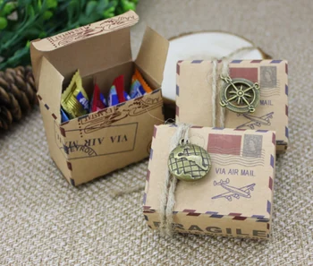 

Vintage airmail kraft favor box. travel wedding candy box.airplane favour box with compass and globe charms, rustic wedding box