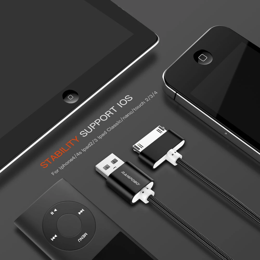 Usb-кабель нейлоновая оплетка 2A кабель для быстрой зарядки для iPhone 4 4S 3GS iPad 2 3 iPod Nano itouch 30 штыревой адаптер