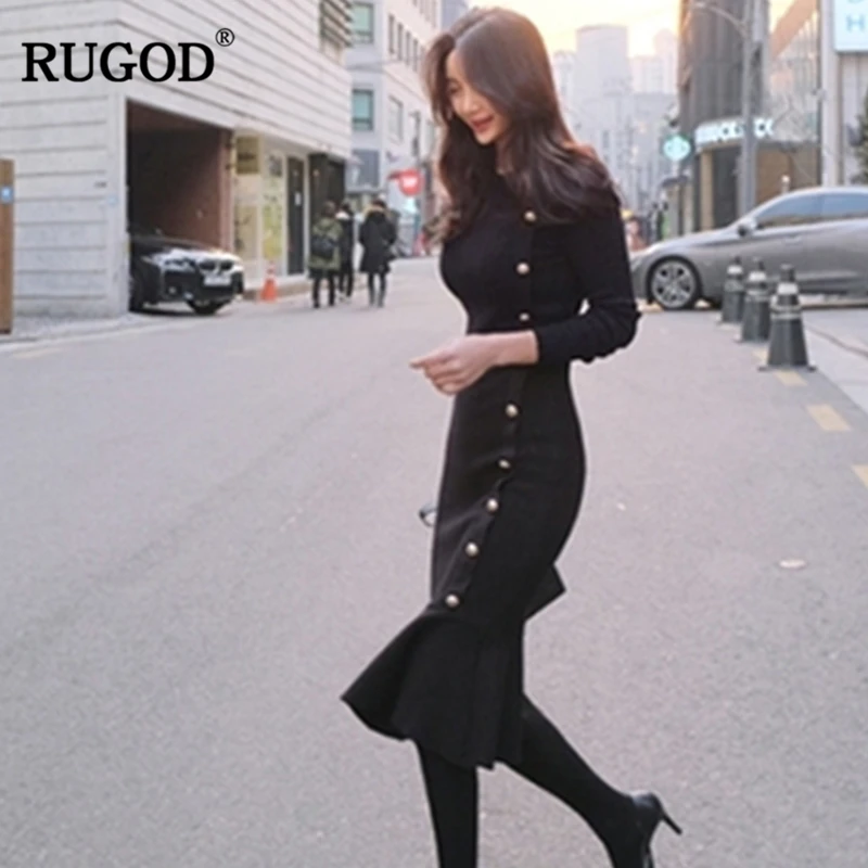 Осенне зимнее трикотажное платье RUGOD 2019 женское элегантное дизайнерское с