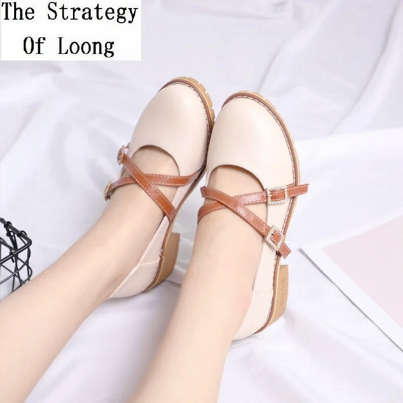 

Spring Autumn New Classic Casual Mary Janes Shoes Thick Heels T-belt Buckle Retro Shallow Cross Tied Women Shoes 20181226