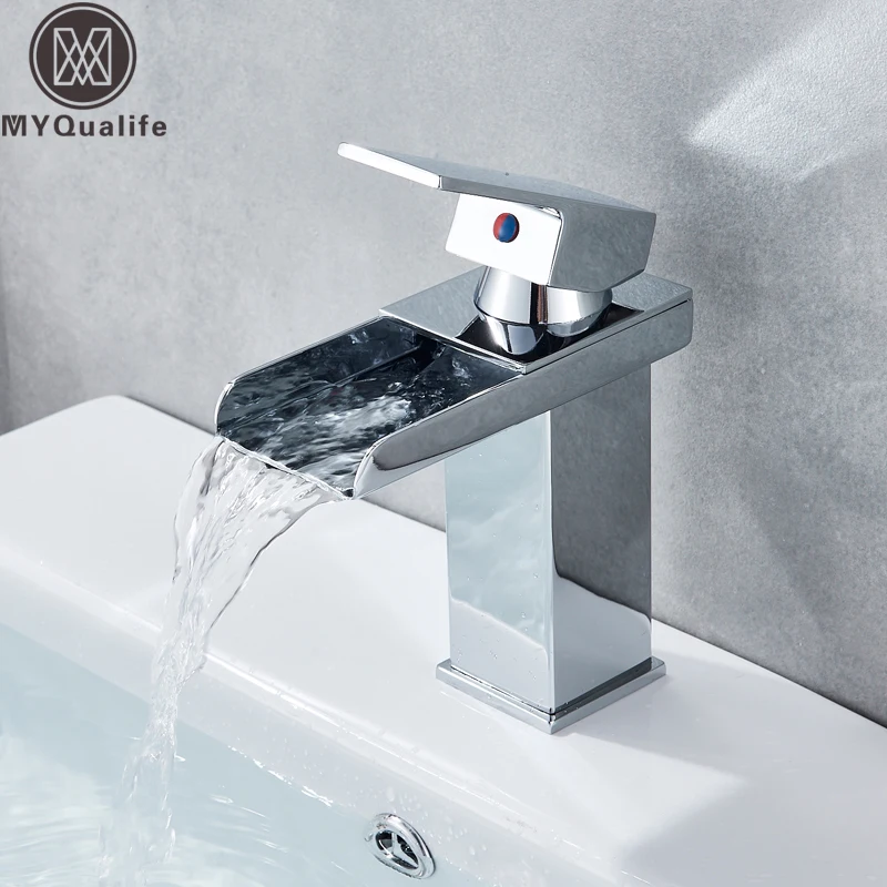 Modern Bathroom LED Chrome Vessel Sink Basin Faucet Waterfall Spout Mixer Taps