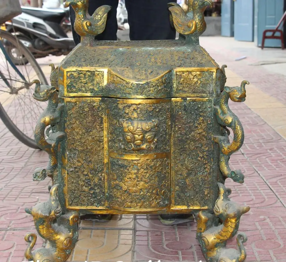 

28" Old Huge Soild Bronze Gilt Dragon Lion Phoenix Tiger Incense Burner Censer