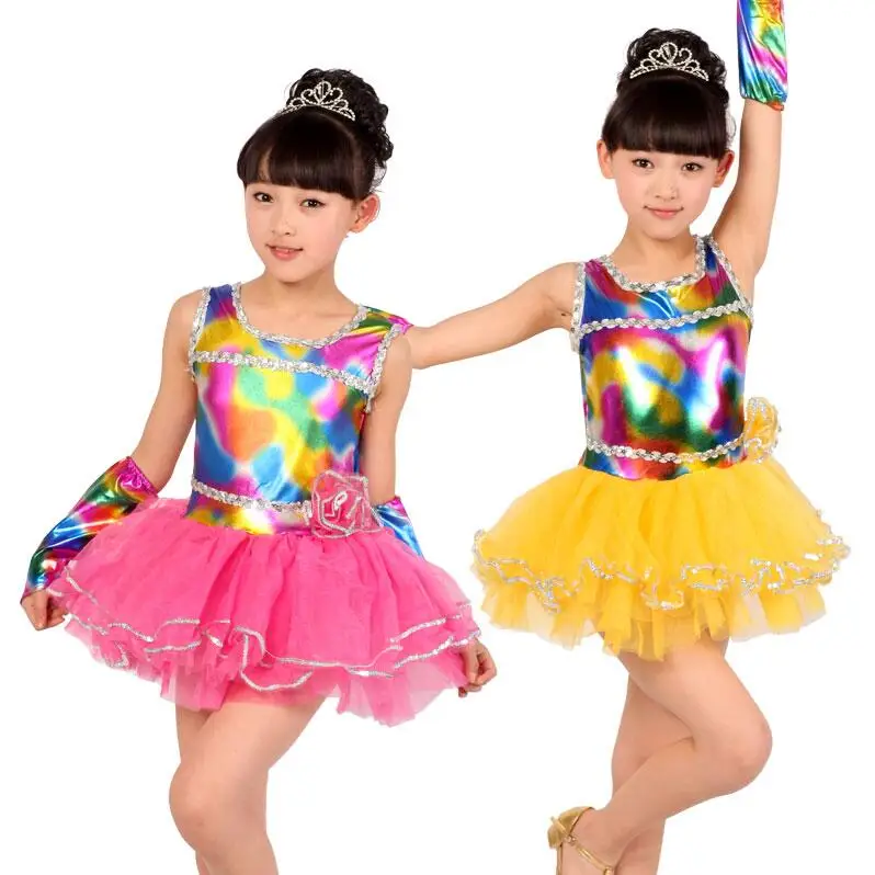 

2019 Hot Pink Yellow Child Kids Girl Cheap Ballroom Tango Salsa Samba Rumba Dance Costumes Rainbow Latin Dance Dresses