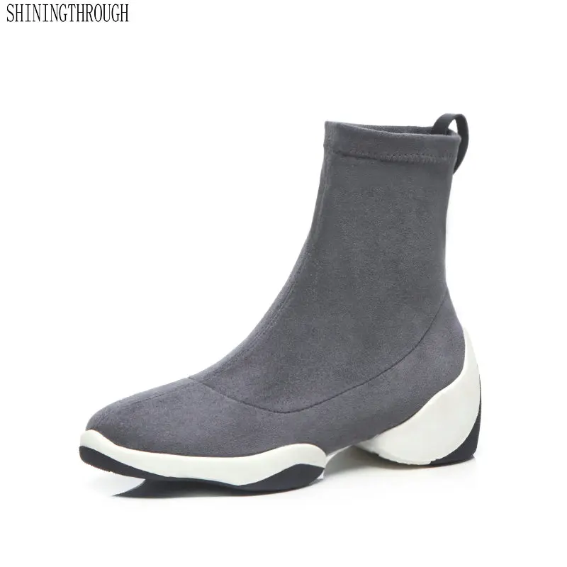 

New 2019 Women flat platform Socks ankle Boots woman Genuien Leather Motorcycle Boots Sexy Party Club Shoes Woman black gray