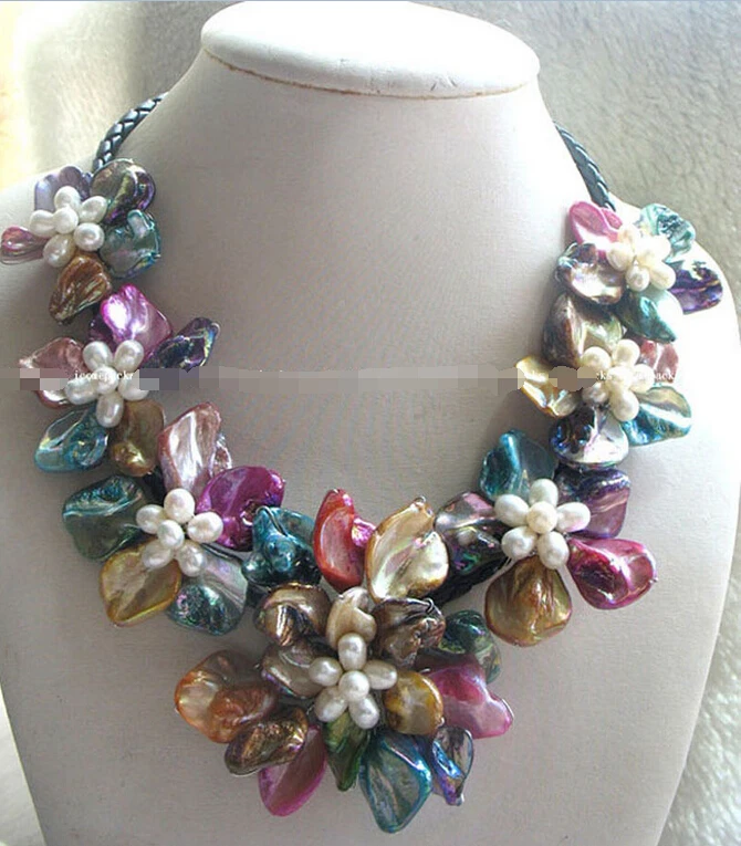 

freshwater pearl sea shell flower multicolor 18.5" neck@^Noble style Natural Fine jewe FREE SHIPPING