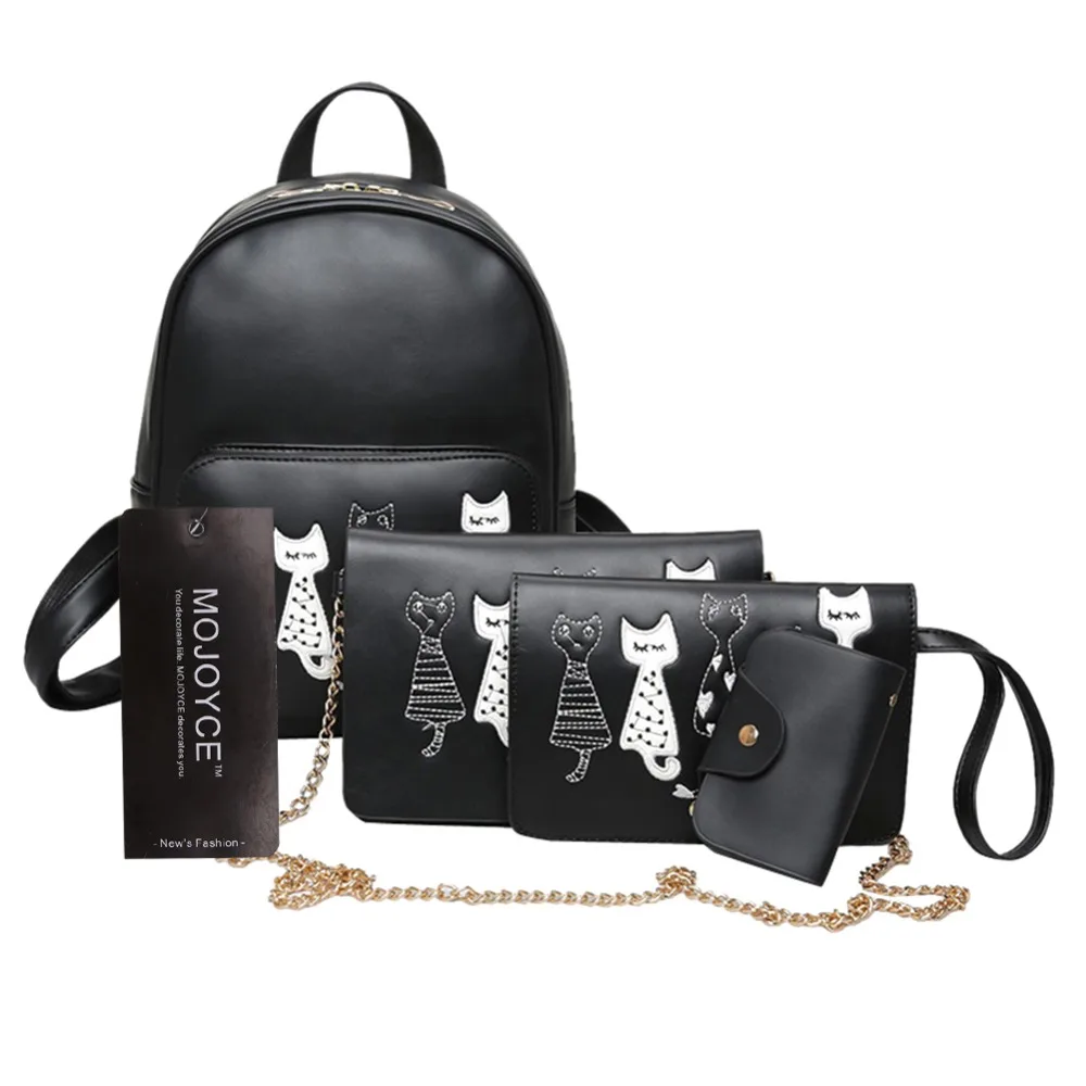 

4pcs/Set Backpack Girls Cat Printing Backpack PU Leather Backpack Shoulder Bag Clutch Purse Bag For Ladies School Bag