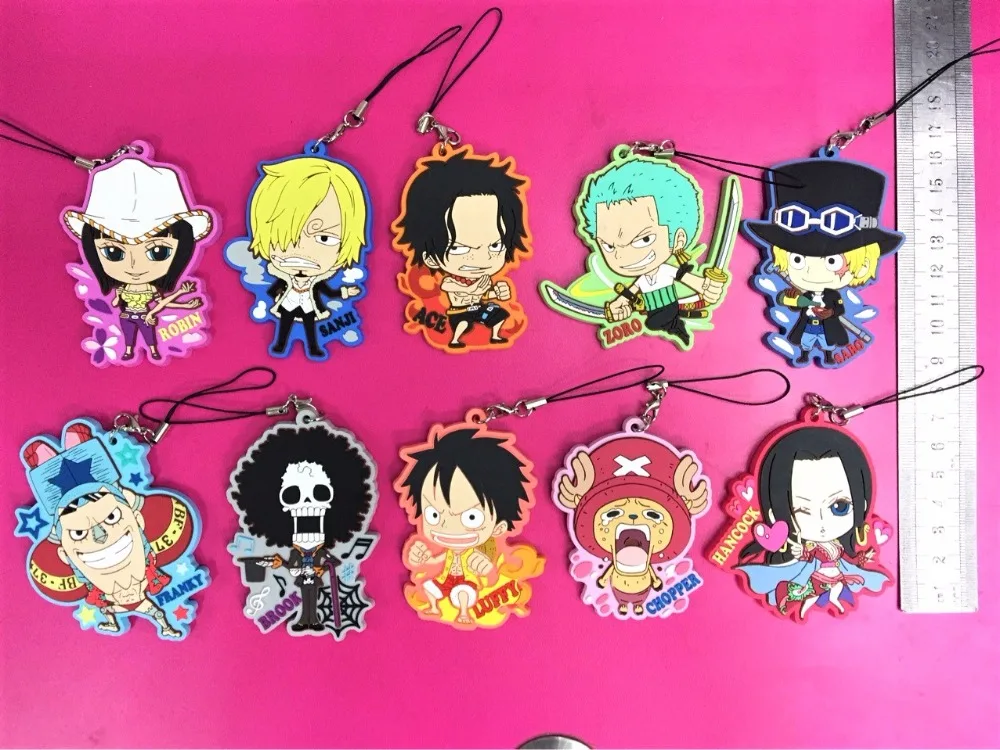 

10pcs/lot One Piece Q version Luffy Ace Zoro Hancock Original Japanese anime figure rubber mobile phone charm/key chain/strap