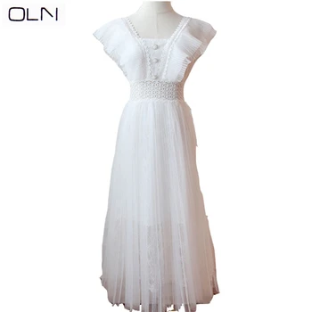 

OLN dress Korean vestidos summer new arrival wholesale Openwork lace waist ruffled sleeves lace dress Slim mesh dress