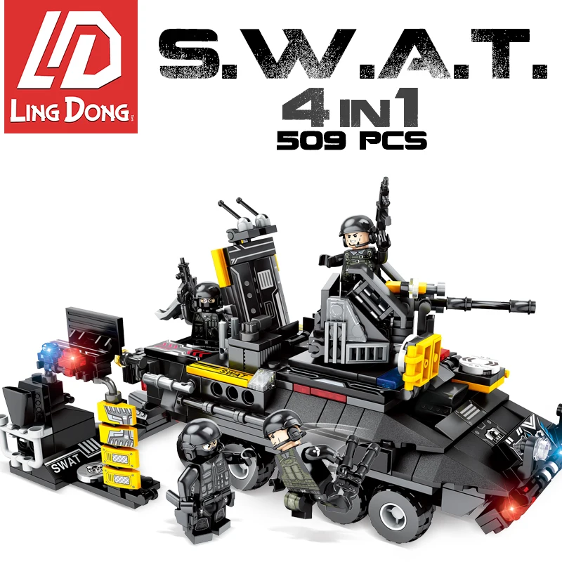 

510PCS SWAT Military Building Block 4 in 1 Police Figures Truck Helicopter Compatible with LegoINGly Toys for Children Gifts