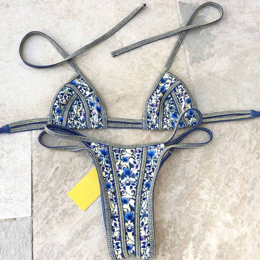 

Sexy Bikini Set Vintage Blue Print Swimwear Women Halter Top Swim Wear Padded Push Up Swimsuit Beach Bathing Suit 2019