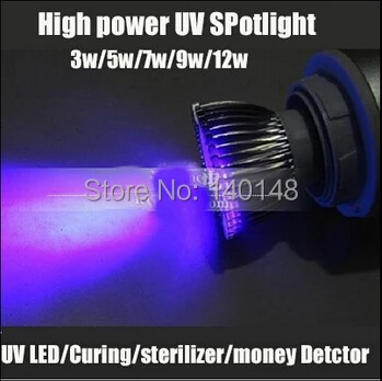 

high power 3w/5w/7w/9w/12w UV lamp ,led spotlight 365nm for UV curing /medical /ink drying /money checking