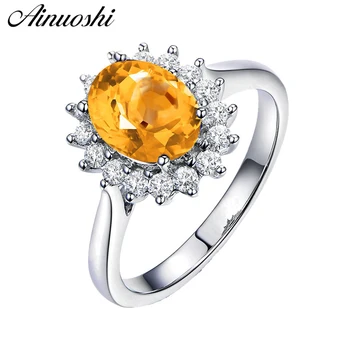 

AINUOSHI Natural Citrine Flower Ring 2 Carat Oval Cut Gemstone 925 Sterling Silver Halo Ring Engagement Party Jewelry Women Ring
