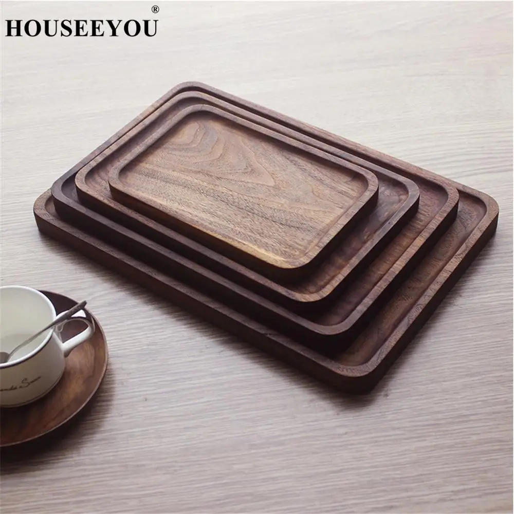 

Black Walnut Wood Rectangular Tableware Serving Trays Decorative Plate Dish Platters Storage for Tea Coffee Food Container