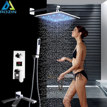 

Chrome LED 12" Rainfall Shower Faucet Chrome Digital Temperature Screen Bath Shower Mixer with Handshower Swivel Folding Spout