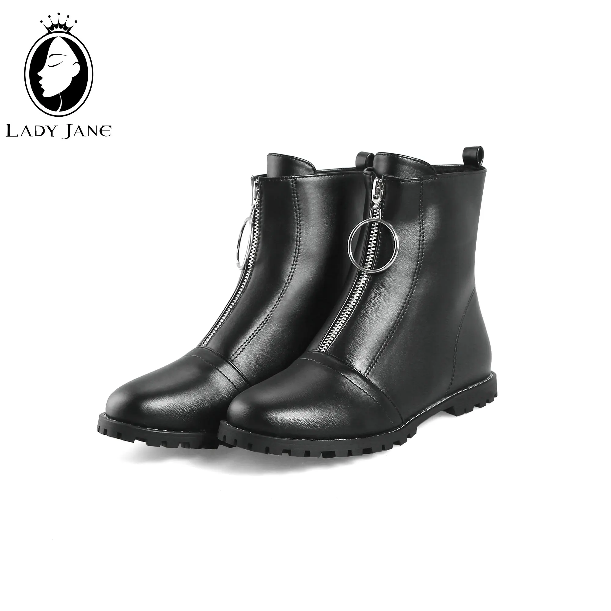

Lady Jane Low Heels PU Leather Ankle Boots Women Round Toe Front Zip Solid All Match Black Dress Boots Plus Size 45 Ladies Boots