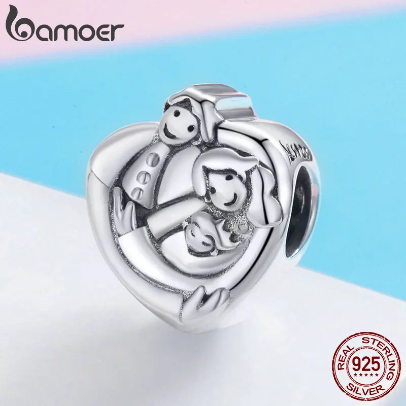 Online BAMOER Echtem 925 Sterling Silber Süße Familie Für Immer Herz Form Charme Perlen fit Frauen Armbänder Armreifen DIY Schmuck SCC688