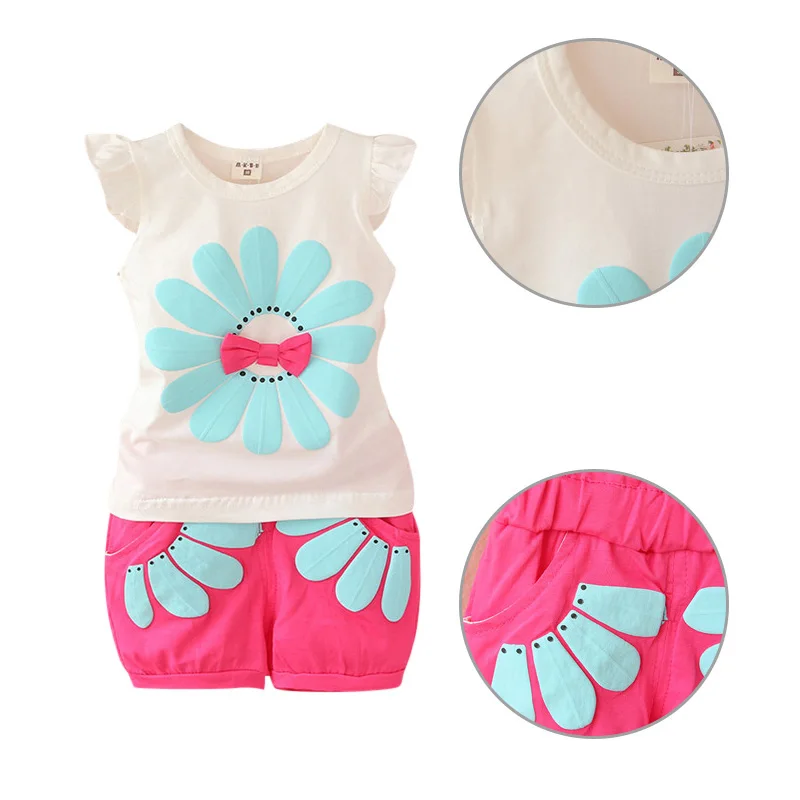 

Fashion Toddler Clothes Set Baby Girls Summer Bow Sunflower T Shirt+Pant Set kids Girls Casual Cotton Vest +Pant Suit LH7s