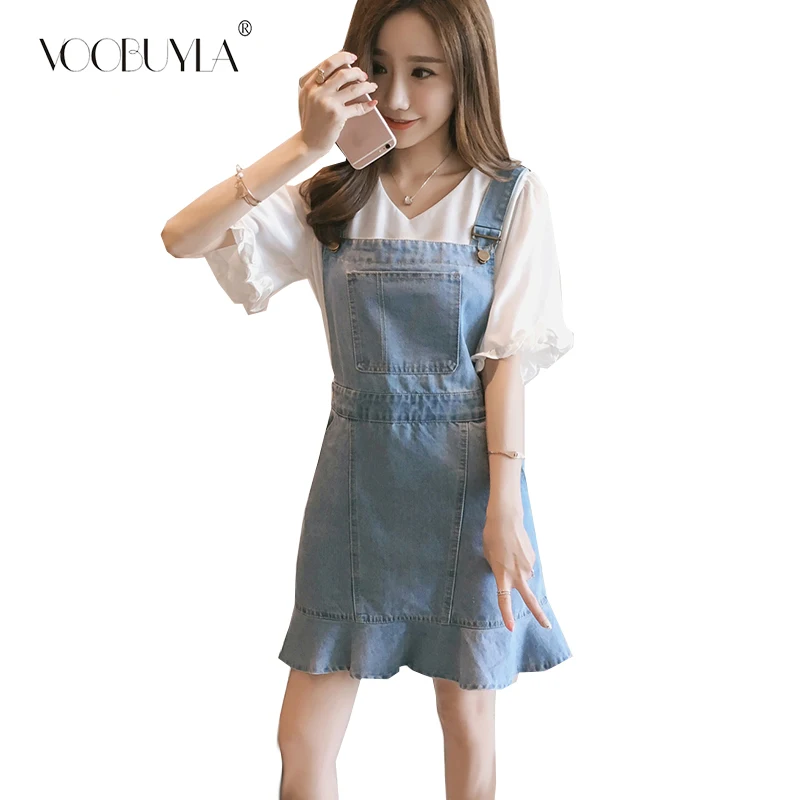 

Voobuyla New Plus Size 4XL Denim Dress Summer Strap Jeans Dress Preppy Suspender Denim Sundress With Tops 2PCS Set Overall Dress