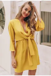 2019 Лето Новая мода подиум глубокий v-образный вырез сексуальный бант желтый расклешенный рукав офисное женское сексуальное короткое