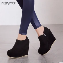 

Figraton Women's Ankle Boots Autumn Winter Shoes Thick Platform Wedges Fashion Zipper Flock Basic Round Toe Super High Heels