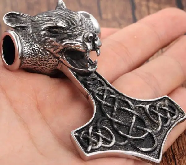 

Heavyweight Biker Stainless Steel Men's Necklace Cool Wolf Heads Thor's Hammer Casting pendant with 4mm 28'' Rolo Chain