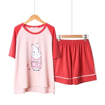 

2019 Summer Ladies Pajamas Set Cute Cartoon Rabbit Printed Women Round Neck Short Sleeve+Shorts 2Pcs Set Female Loose Homewear