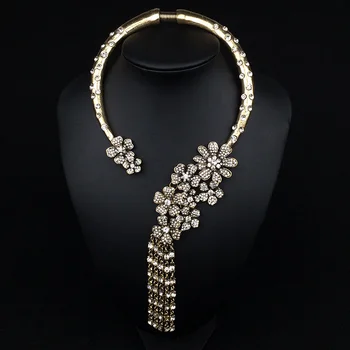 

Vintage Statement Open Choker Necklace Women Multi layer Crystal Flowers Tassel Pendants Necklaces Large Collar Choker Necklace