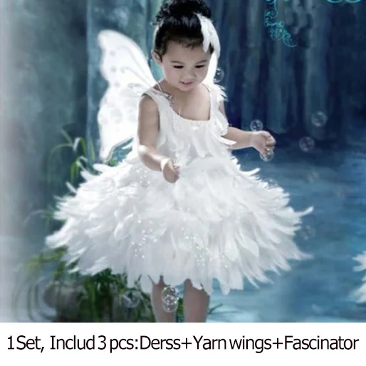 Белые детские рождественские костюмы, красивые платья принцессы с крыльями ангела и перьями для девочек, включая дерсс+ крылья из пряжи+ чародей - Цвет: Белый