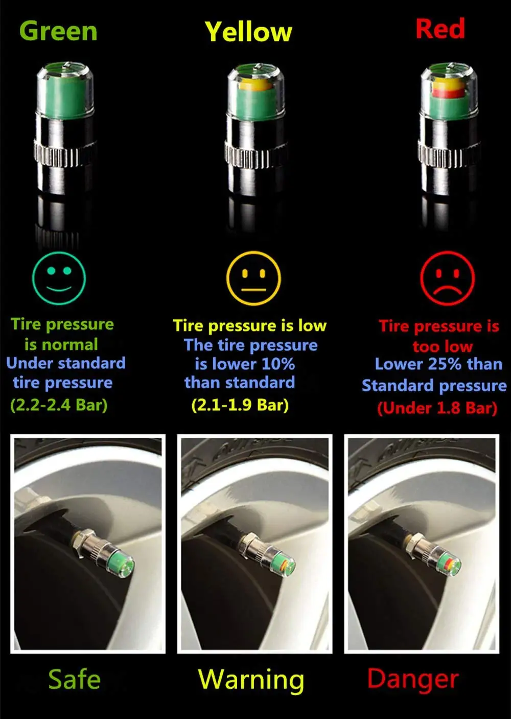 Автомобильный монитор давления в шинах клапан колпачки Датчик Индикатор 3 цвета глаз предупреждение