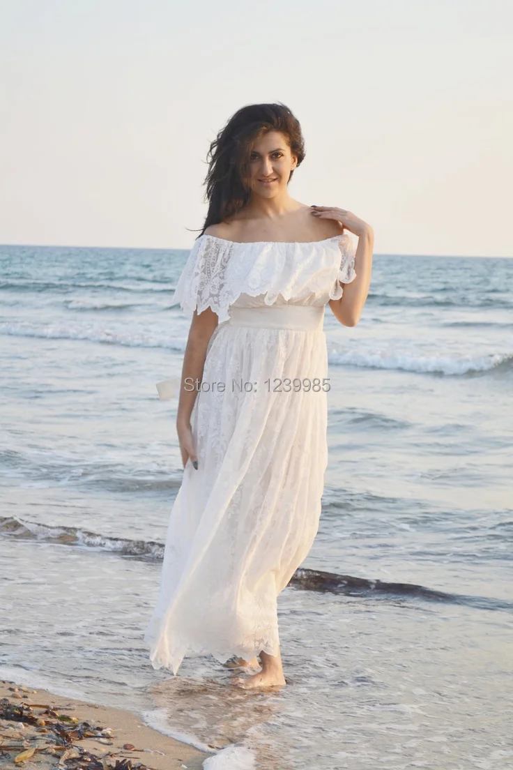 

RW005 Sexy Boat Neckline Long Boho Lace Beach Wedding Dress 2018 Romantic Short Sleeves Long Bohemian Vintage Wedding Gown