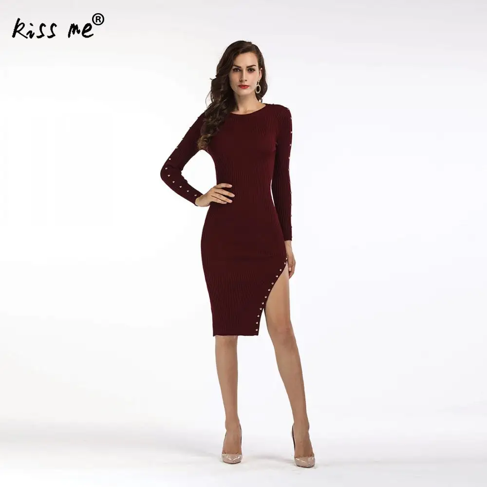 

New Autumn Winter Women Dress Sexy Bodycron Dress Long Sleeve Slim Side Split Femme Robe Asymmetrical Design Slim Knitted Dress