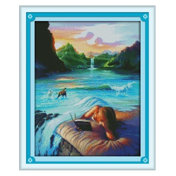 

JoySunday crossstitch kit Beauty beside the water figure baby room embroidery DMC14CT11CT cotton needlework livingroom painting