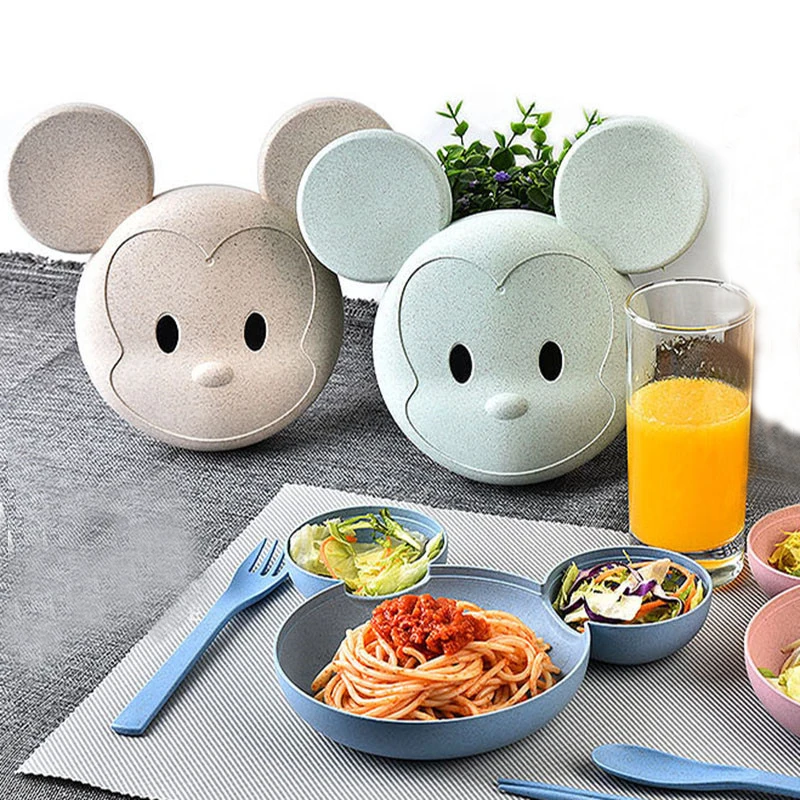 

Kid Cutlery Lunch Fork Box Cartoon Bowl Spoon Mouse Dinnerware Lovely Colorful Environmental Bowl Children Plates Container 1set