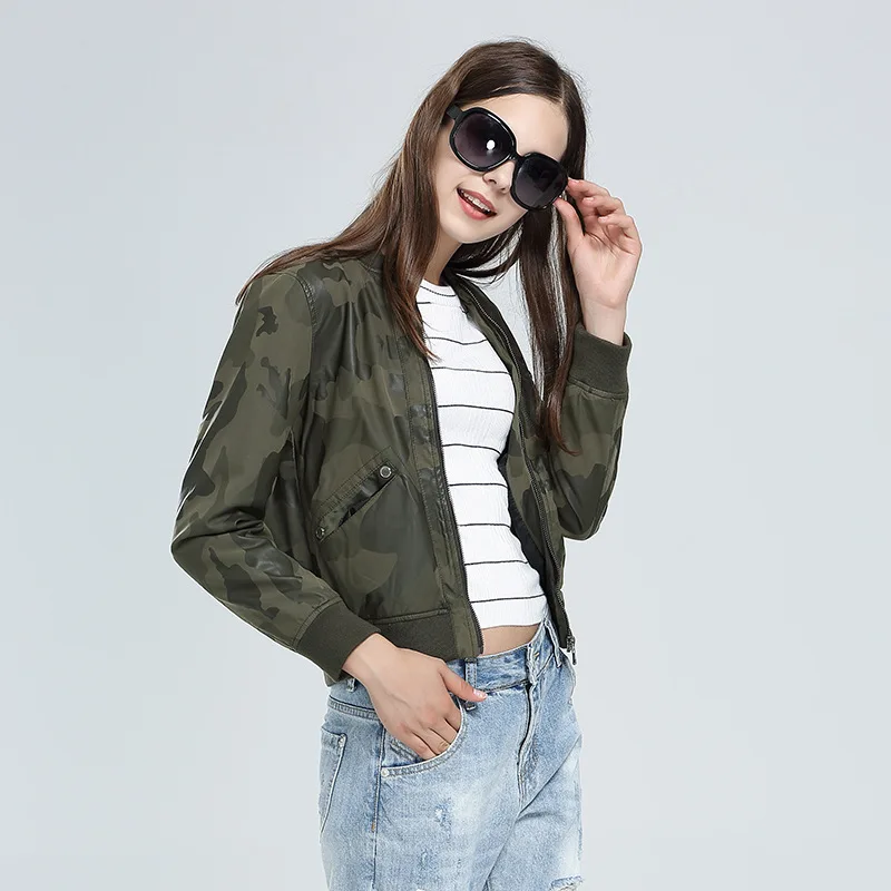 Cuir Régulier Acrmrac Col Camouflage En Manches Mince Modèles Pu À Zipper Veste Locomotive Long Femmes Impression Printing Montant TKFl1Jc3