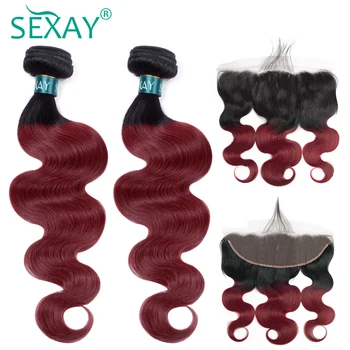 

Burgundy Brazilian Hair Bundles With Frontal Pre Plucked SEXAY Dark Roots Ombre Bundles With 13x4 Frontal Closures Non Remy Hair